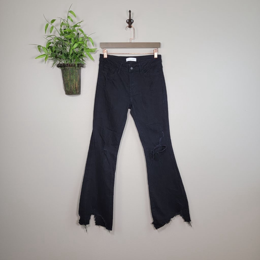 Flying Monkey Flare Distressed Ripped Knee Raw Hem Jeans Black Chewed Bootcut 27